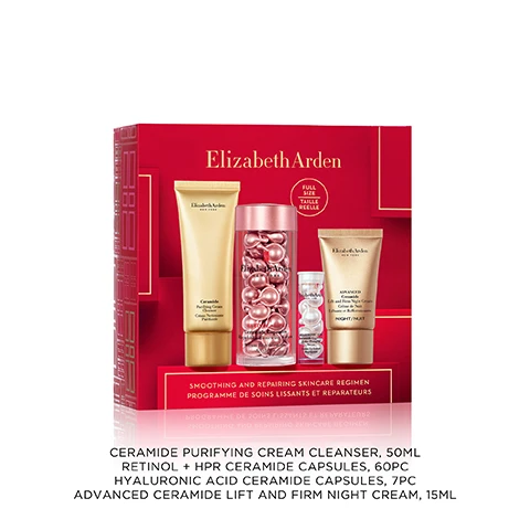 image 1, ceramide purifying cream cleanser 50ml, retinol and HPR ceramide capsules, 60 pieces. hyaluronic acid ceramide capsules, 7 pieces. advanced ceramide lift and firm night cream 15ml. image 2, smooths lines and wrinkles. 95% saw reduced wrinkles. based on testing of encapsulated retinol equivalent predictive of 10 months of shelf life. image 3, biodegradable, made from vegetable and mineral based materials. image 4, calms and soothes skin for a clean, soft feel. image 5, intensely hydrates and firms. 90% saw tighter, firmer skin. based on a consumer study of 62 women after 8 weeks. image 6, plumps and hydrates 98% saw plumper skin. based on a US consumer study of 55 women after 4 week. image 7, night regimen. step 1 = calms and soothes. step 2 hyaluronic acid, plumps and hydrates or retinol smooths lines and wrinkles. step 3 = intensely hydrates and firms.