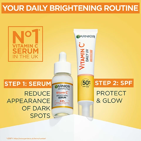 image 1, your daily brightening routine. no 1 vitamin c serum in the UK. step 1 = serum, reduce appearance of dark spots. step 2 = SPF protect and glow. image 2, UV damage causes dark spots brighten up! dark spots - UV damage. what you see. image 3, step 1 = serum. reduce appearance of dark spots. number 1 vitamin c serum in the UK. skin looks more even, skin looks healthier and radiant. 86% agree dark spots look less visible. 3.5% niacinamide + vitamin c + salicylic acid. image 4, step 2 = SPF, protect and glow. reduces the appearance of dark spots, prevents against sun damage, evens appearance of skin tone. 50+ SPF. brightening vitamin c. image 5, vitamin c serum before and after. reduces appearance of dark spots. image 6, universal sheer tint evens out and boosts radiance.