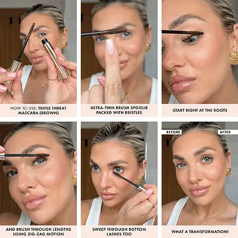 HOW TO USE: TRIPLE THREAT MASCARA (BROWN) ULTRA-THIN BRUSH SPOOLIE PACKED WITH BRISTLES START RIGHT AT THE ROOTS BEFORE AFTER AND BRUSH THROUGH LENGTHS USING ZIG-ZAG MOTION SWEEP THROUGH BOTTOM LASHES TOO WHAT A TRANSFORMATION! Image 2, Lengthens, lifts and fans out lashes Best-selling formula in new trend-led Brown shade Innovative slim-line applicator gets right to root of lashes Flake-free, long-wearing Vegan and cruelty free ICONIC LONDON Image 3, ICONIC TRIPLE THREAT MASCARA (BROWN)