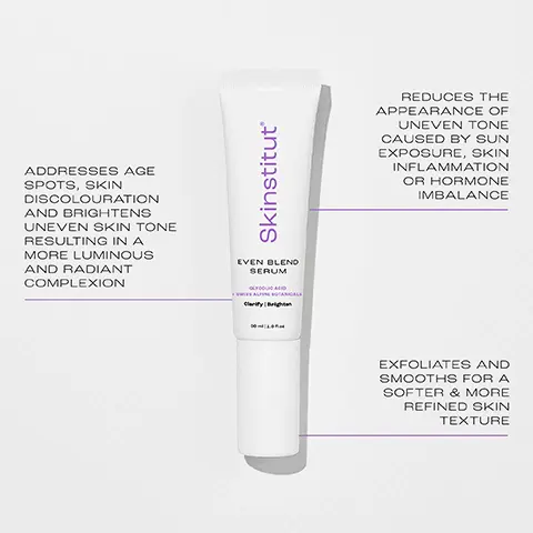 ADDRESSES AGE SPOTS, SKIN DISCOLOURATION AND BRIGHTENS UNEVEN SKIN TONE RESULTING IN A MORE LUMINOUS AND RADIANT COMPLEXION. REDUCES THE APPEARANCE OF UNEVEN TONE CAUSED BY SUN EXPOSURE, SKIN INFLAMMATION OR HORMONE IMBALANCE. EXFOLIATES AND SMOOTHS FOR A SOFTER & MORE REFINED SKIN TEXTURE. Ingredients. Glycolic Acid, a chemical exfoliant which enhances epidermal shedding and increases cell turnover. Daisy Flower Extract, a botanical extract that can help improve uneven skin tone, pigmentation, and dull skin in need of a radiance boost. Even blend serum. SKINTEL, mix with vitamin C powder to make a super brightening serum.