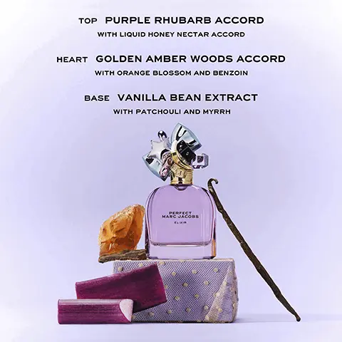 Image 1 - A glass perfume bottle with a decorative cap sits on a patterned surface, accompanied by a piece of amber, a vanilla bean pod, and rhubarb stalks, with text overlay indicating the scent notes: top purple rhubarb accord with liquid honey nectar accord, heart golden amber woods accord with orange blossom and benzoin, base vanilla bean extract with patchouli and myrrh. Image 2 - A glass perfume bottle with a purple base and a decorative cap featuring colorful stars and shapes is displayed against a light purple background, accompanied by a five-star rating and a testimonial quote from Anne Marie about her love for the fragrance and its design. Image 3 - The image shows two perfume bottles side by side; on the left, a light pink bottle labeled PERFECT EAU DE PARFUM with floral and fruit notes like daffodil and rhubarb, and on the right, a pink bottle labeled PERFECT ELIXIR EAU DE PARFUM featuring ingredients like juicy purple rhubarb and vanilla bean extract, with decorative elements and background colors in soft gradient tones.