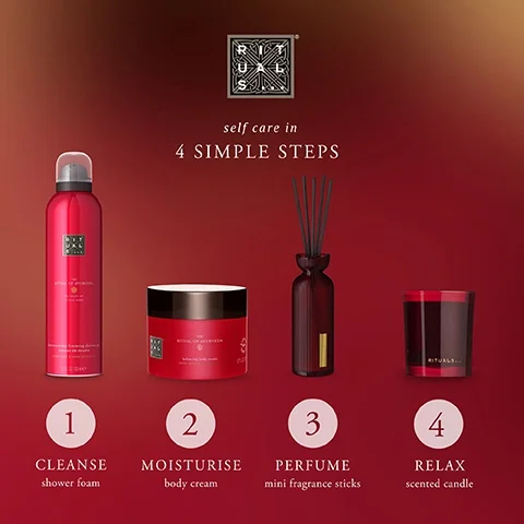 self care in 4 simple steps. 1, cleanse shower foam. 2, moisturise body cream. 3, perfume mini fragrance sticks. 4, relax scented candle.