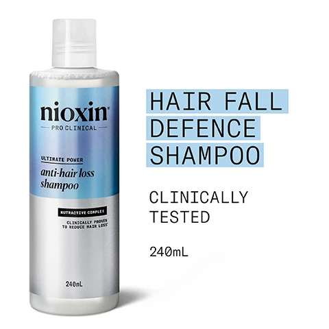 Image 2 - A silver and blue Nioxin PRO CLINICAL anti-hair loss shampoo bottle, 240mL, labeled with Ultimate Power and Nutractive Complex, clinically proven to reduce hair loss, is displayed next to text that reads HAIR FALL DEFENCE SHAMPOO, CLINICALLY TESTED, 240mL. Image 3 - A white and blue bottle of Nioxin Pro Clinical anti-hair loss shampoo stands on a glass surface, with the text CLINICALLY TESTED STRONGER HAIR FROM THE ROOT next to it, and on the bottle Nioxin PRO CLINICAL ULTIMATE POWER anti-hair loss shampoo NUTRACTIVE COMPLEX CLINICALLY PROVEN TO REDUCE HAIR LOSS 240mL. Image 4 - A hand holds a clear bottle of Nioxin shampoo with white foam spilling out, displaying text Nioxin PRO CLINICAL ULTIMATE POWER anti-hair loss shampoo NUTRATIVE COMPL CLINICALLY PR TO REDUCE HA 240mL, presented alongside a light blue panel detailing usage instructions: HOW TO USE 1 Massage on to scalp & hair for 2 minutes 2 Rinse thoroughly Use daily. Image 5 - A woman with dark curly hair is shown in a side profile, with two inset images displaying a before and after comparison of her scalp showing improved hair density after treatment, with text reading: BEFORE, AFTER, Before: Prior to washing and styling. After: Results with Nioxins Anti-Hair Loss Shampoo, Diamax Advanced Thickening Serum, blow dry & styled. Image 6 - A smiling woman with dark curly hair holds a Nioxin Ultimate Power anti-hair loss shampoo bottle, while text on the left states CLINICALLY TESTED, SUPPORTS HAIR FOLLICLES, REMOVES BUILDUP, HAIR FALL DEFENCE, and FORMULATED WITH NUTRACTIVE COMPLEX, and the bottle itself reads Nioxin PRO CLINICAL ULTIMATE POWER anti-hair loss shampoo NUTRACTIVE COMPLEX CLINICALLY PROVEN TO GROW STRONGER HAIR FROM THE ROOT ÉPROUVÉ EN CLINIQUE POUR RENFORCER LES CHEVEUX DEPUIS LA RACINE 240ml | 8.1FL OZ. Image 7 - A four-panel infographic shows hair care ingredients: clear liquid with bubbles for Niacinamide, golden liquid for Lauric Acid, roasted coffee beans for Caffeine, and dark wooden chips for Sandalore, with accompanying text: NIACINAMIDE A form of vitamin B3, Niacinamide helps nourish the hair root and can have a positive impact on the scalp environment. LAURIC ACID Penetrates the hair roots and provides nourishment to support hair strands. CAFFEINE Supports hair follicles and maintains the skin barrier. SANDALORE Supports hair follicles to help improve hair anchorage. Image 8 - A blue and purple gradient background image with white text that reads: Nioxin PRO CLINICAL NIOXIN GROWS RESULTS™ Only Nioxin’s Advanced Scalp Science Can Support Stronger Hair From the Root for Results You Can See and Feel.
