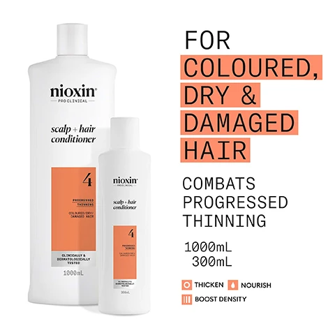 Image 2 - The image shows two white bottles of Nioxin Scalp + Hair Conditioner, a large 1000ml bottle and a smaller 300ml bottle, both labeled Nioxin PRO CLINICAL, scalp + hair conditioner, 4, PROGRESSED THINNING, COLOURED/DRY/ DAMAGED HAIR, CLINICALLY & DERMATOLOGICALLY TESTED, with the right side of the image containing promotional text FOR COLOURED, DRY & DAMAGED HAIR, COMBATS PROGRESSED THINNING, 1000mL 300mL, THICKEN, NOURISH, BOOST DENSITY. Image 3 - Three white Nioxin product bottles with black caps, including Nioxin PRO CLINICAL scalp + hair treatment, Nioxin PRO CLINICAL scalp + hair shampoo 4 PROGRESSED THINNING COLOR SAFE, and Nioxin PRO CLINICAL scalp + hair conditioner 4 PROGRESSED THINNING COLOR SAFE DERMATOLOGICALLY TESTED, are displayed on a peach background with promotional text that reads Use System Kit 4 to see RESULTS IN JUST 30 DAYS* and a disclaimer *Results with everyday use. Based on a survey among 230 U.S. panelists concerned about thinning hair who tried the systems (each tested 1 system kit), conducted by SIRS, 2016. Image 4 - A woman with voluminous curly hair and glowing skin is shown in profile, looking right, alongside text that reads: FOR THICKER, FULLER HAIR, BOOSTS HAIR DENSITY & NOURISHES FOR PROGRESSED THINNING, LEAVES HAIR THICKER, FULLER WHILE MAINTAINING VIBRANT COLOUR, FORMULATED WITH POWERFUL NIACINAMIDE & BIOTIN, CLINICALLY & DERMATOLOGICALLY TESTED. Image 5 - A hand holds a white Nioxin Pro Clinical Scalp + Hair Conditioner bottle with water splashing, next to an orange panel detailing product usage, with visible text reading Nioxin PRO CLINICAL scalp + hair conditioner 4 PROGRESSED THINNING COLOURED/DRY/ DAMAGED HAIR CLINICALLY & DERMATOLOGICALLY TESTED 300mL, and HOW TO USE scalp + hair conditioner 1 Work Conditioner through the hair, from scalp to ends 2 Rinse thoroughly to make sure all product is removed. Image 6 - The image displays two panels, each featuring a green liquid with bubbles, describing different oils: MENTHA ARVENSIS LEAF OIL. Also known as wild mint oil, this oil is known for its refreshing and invigorating benefits to the scalp. PEPPERMINT OIL. Can assist in regulating sebum production and controlling oiliness. Image 7 - The image shows a white background with wavy textures, resembling conditioner, featuring text overlays that read NIOXIN SCALP & HAIR CONDITIONER result: Restores moisture and resilience, as it promotes vitality and health to the scalp and hair. Image 8 - A coral background with black text that reads nioxin® — PRO CLINICAL — NIOXIN GROWS RESULTS™ Only Nioxins Advanced Scalp Science Can Support Stronger Hair From the Root for Results You Can See and Feel. Image 9 - An image shows two white Nioxin conditioner bottles side by side with the text NEW LOOK same great formula above them; the bottle on the left is labeled Old and has text Nioxin Color Safe Scalp Therapy Revitalizing Conditioner Step 2 Colored Hair Progressed Thinning 300 mL, while the bottle on the right is labeled New and has text nioxin PRO CLINICAL scalp + hair conditioner 4 Progressed Thinning Coloured/Dry/Damaged Hair Clinically & Dermatologically Tested 300mL.