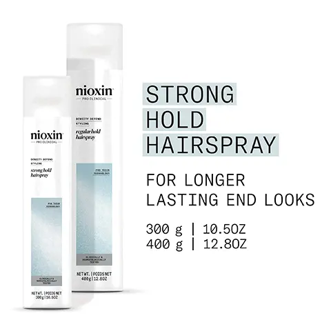 Image 1 - Two bottles of Nioxin hairspray, one labeled strong hold hairspray and the other regular hold hairspray, with text stating FOR LONGER LASTING END LOOKS and packaging details for 300 g and 400 g.
Image 2 - A bottle of Nioxin Strong Hold Hairspray is displayed with the text EXTRA HOLD FOR LONGER LASTING LOOKS beside it.
Image 3 - A smiling woman with long, dark hair is shown, with text next to her stating that the product is for thicker, fuller hair, helps achieve longer lasting styles, provides body and strong hold, is humidity resistant, and is clinically and dermatologically tested.
Image 4 - A hand holds a can of Nioxin Strong Hold Hairspray with instructions on the right side that say HOW TO USE 1 Use on dry hair 2 Style hair as desired and apply the finishing spray for long lasting hold.
Image 5 - An image divided into two sections: the top left shows a green background with a droplet and the text MENTHA ARVENSIS LEAF OIL Also known as wild mint oil, this oil is known for its refreshing and invigorating benefits that stimulate the scalp and promote circulation, while the bottom right features a plain white background with the text PANTHENOL A form of vitamin B5, Panthenol has moisturizing and nourishing benefits to the hair and scalp that help strengthen the hair, reduce breakage, and add thickness.
Image 6 - Logo for Nioxin featuring the text NIOXIN GROWS RESULTS™ and a statement about targeting hair thinning and loss through advanced scalp science for visible results.
Image 7 - Image shows two bottles of Nioxin hair product side by side, with the old bottle on the left labeled Old and the new bottle on the right labeled New; above the bottles is the text NEW LOOK and below it reads same great formula.