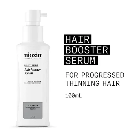 Image 1, nioxin -PRO CLINICAL DENSITY DEFEND hair booster serum BUTTLE PROTECTION HAIR BOOSTER SERUM FOR PROGRESSED THINNING HAIR 100mL CLINICALLY A DERMATOLOGICALLY TESTED 10 Image 2, CONDITIONS HAIR AND FORMS A PROTECTIVE BARRIER nioxin --PRO CLINICAL- DENSITY DEFEND hair booster serum CLINICALLY & DERMATOLOGICALLY TESTED 100 Image 3, FOR HAIR WITH PROGRESSED THINNING PROTECTS HAIR THICKNESS CONDITIONS HAIR STRENGTHENS WEAK, FRAGILE STRANDS, PROMOTING A HEALTHY ENVIRONMENT FOR HAIR GROWTH Image 4, nioxin 1 HOW TO USE Massage twice daily into areas of concern hair booster scrum OLELY Distribute with 2 fingertips, from the roots to the tips 3 Do not rinse Image 5, MENTHA ARVENSIS LEAF OIL Also known as wild mint oil, this oil is known for its refreshing and invigorating benefits that stimulate the scalp and promote circulation PEPPERMINT OIL Can assist in regulating sebum production and controlling oiliness Image 6, nioxin PRO CLINICAL — NIOXIN GROWS RESULTSTM Only Nioxin's Advanced Scalp Science Can Target Hair Thinning and Hair Loss for Proven Results You Can See and Feel. Image 7, NEW LOOK same great formula nioxin PROLINA NIOXIN hair booster scrum CUTICLE THEATHERY 100 CLINICALLY DERMATOLOGICALLY 200 L 3.3FLO Old New