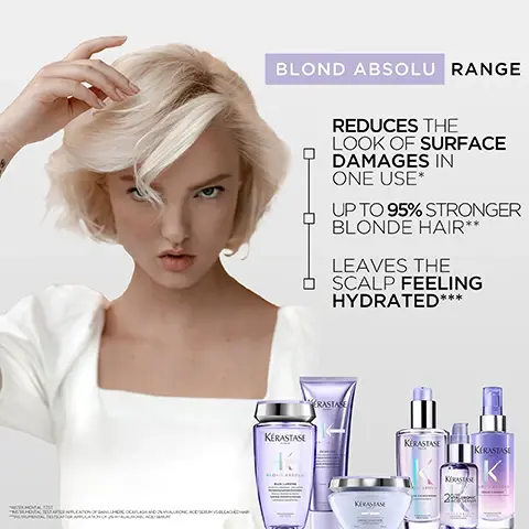 image 1, blond absolu range. reduces the look of surface damages in one use. up to 95% stronger blonde hair. leaves the scalp feeling hydrated. image 2, before and after. image 2, antioxidants, edelweiess flower, hyaluronic acid. image 3, hydrating illuminating 500ml shampoo bundle. lightened or highlghted hair.