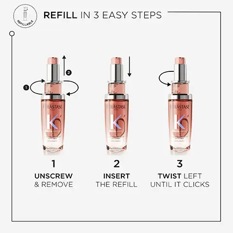 Refillable. Refill in 3 easy steps. 1, unscrew & remove, 2, insert the refill. 3, twist left until it clicks. Radiance sublimating hair oil. Long-lasting radiance. Preserves hair colour. Endows hair with an alluring fragrant halo. Colour-treated hair. How to use. Apply 1 or 2 drops on wet or dry hair, as a leave in treatment. Start from mid-length and work to ends. Style as desired. Can be used as a post-blow dry oil and for finishing & touch ups during the day.