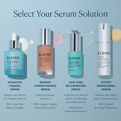 Image 1 - Image shows four different skincare serums from the brand ELEMIS displayed against a light blue background, with the heading Select Your Serum Solution at the top; the serums are labeled as Advanced Firming Serum, Barrier Strengthening Serum, Skin-Kind Rejuvenating Serum, and Potent Brightening Serum, each accompanied by descriptions of their benefits and key ingredients.
Image 2 - The image shows the forehead of a person split into two sections, with the left side labeled Before showing visible wrinkles and the right side labeled After 4 weeks showing smoother skin.
Image 3 - Image shows three skincare products arranged in a neat stack against a light blue background, labeled as Pro-Collagen Daily Radiant Routine, with visible text indicating three steps: Step 1: Serum - Firms & Illuminates, Step 2: Moisturizer - Hydrates & Protects, Nourishes & Rejuvenates, Step 3: Eye Cream - Smooths & Replenishes.
Image 4 - A dropper bottle of ELEMIS Pro-Collagen Future Restore Serum and a jar of ELEMIS Pro-Collagen Marine Cream are displayed against a soft pastel background, with the text Step 1: Treat and Firm and Step 2: Smooth and Hydrate visible.
Image 5 - Image of a transparent blue cosmetic bottle with a dropper cap on an iridescent background, featuring the text Maximizing Results, Minimizing Waste and a circular label that says 100% Recyclable Bottle, alongside additional text, Innovative packaging design to help you get every last drop!
Image 6 - A woman with glowing skin is applying a lightweight cream to her cheek while holding a dropper bottle, with text that reads lightweight formula and absorbs effortlessly.
Image 7 - A light blue background features large, smooth, cream-colored spheres, with text stating Clinically Proven followed by benefits of a skincare product, including improvements such as in 4 Days: Up to 46% firmer skin* Reduce fine lines and wrinkles^^ in 14 Days: Boosts elasticity* in 4 Weeks: +42% skin density improvement* Fuller and more volumious looking skin** with footnotes indicating sources.
Image 8 - Image of a light blue serum bottle labeled ELEMIS Pro-Collagen Future Restore Serum with a dropper cap, surrounded by a soft-focus background and text elements indicating three key ingredients: Padina Pavonica Ferment, Marine Bacillus Ferment, and Opal Skin Algae Complex, along with their benefits.
Image 9 - A smiling woman with short hair gently touches her cheek while promoting a skincare product that targets collagen decline, with text stating it firms, re-densifies, volumizes, and smooths lines and wrinkles.
Image 10 - Image shows a side-by-side comparison of a womans face labeled Day 0 on the left and Day 5 on the right, with visible changes in skin texture and wrinkles; below the images, a bottle of ELEMIS serum is shown with text that reads Reduce the look of fine lines and deeper set wrinkles and Improve skin firmness.
Image 11 - Image comparing the appearance around the eyes before and after using a product for four weeks, showing reduced wrinkles and smoother skin; visible text reads Before on the left and After 4 weeks on the right.
Image 12 - Side-by-side comparison of a persons eye area showing skin before and after five days of treatment, with visible text labeling the images Before and After 5 days.
Image 13 - A bottle of ELEMIS Pro-Collagen Future Restore Serum is centered against a soft, abstract background, with text detailing the products features, including the World-First Opal Skin Algae Complex, Padina Pavonica Ferment, Marine Bacillus Ferment, and Marine Cellular Lipids.
Image 14 - A close-up of a light blue serum bottle labeled ELEMI PRO-COLLAGEN FUTURE RESTORE SERUM with a dropper, surrounded by bubbles and text indicating its benefits, including claims about increasing firmness, reducing fine lines and wrinkles, and improving skin appearance.