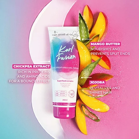 A tube of Curl Fusion Multitextures Gel Cream is surrounded by mango slices and leaves on a gradient pink and blue background, with visible text highlighting ingredients: Chickpea Extract rich in proteins and amino acids for a bouncy effect, Mango Butter nourishes and prevents split ends, and Jojoba revitalizes and shines hair.