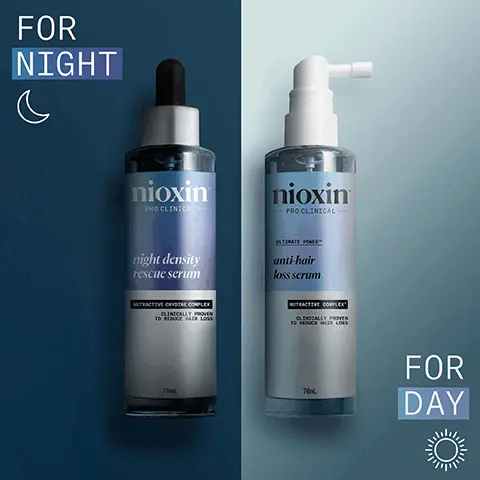Image 1 - Image of two hair serums side by side on a gradient background; the left bottle labeled for night features nioxin and night density rescue serum, and the right bottle labeled for day features nioxin and anti-hair loss serum, with both bottles displaying 70ml.
Image 2 - A bottle of Nioxin Night Density Rescue Serum is shown next to its box, with the text Leave On Overnight Scalp Treatment and With Clinically Proven Results alongside the product details, indicating the size as 70mL and 2.3FL OZ.
Image 3 - A woman with long, wavy hair is tying her hair up into a ponytail, accompanied by text that reads: FOR HEALTHY LOOKING HAIR, REDUCE HAIR FALL, FORMULATED WITH OXYDINE24 TECHNOLOGY, CLINICALLY PROVEN TO BOOST HAIR DENSITY IN 8 WEEKS*, DERMATOLOGICALLY TESTED AND ANTI-AGING INTENSIVE TREATMENT.
Image 4 - A bottle of Nioxin leave-on scalp treatment for daily use is shown, featuring a light blue and silver design with text indicating it is an anti-hair loss serum, includes a nutractive complex, mentions clinically proven results, and has a volume of 70mL.
Image 5 - A woman with long, wavy hair holds a bottle of hair care product, with text beside her that reads: FOR HEALTHY LOOKING HAIR, DERMATOLOGICALLY TESTED, IMPROVES HAIR ANCHORAGE, HELPS TO REDUCE HAIR LOSS, THICKENS HAIR FROM FIRST USE.
Image 6 - Image shows a purple background with the Nioxin logo at the top, followed by the text NIOXIN GROWS RESULTS™ and a description that reads Only Nioxin’s Advanced Scalp Science Can Target Hair Thinning and Hair Loss for Proven Results You Can See and Feel.
