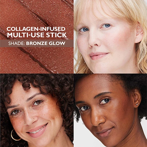 Image 1 - Image shows a close-up of a bronze colored multi-use stick at the top left with three diverse women’s faces showcasing the products application in the remaining corners; text reads: COLLAGEN-INFUSED MULTI-USE STICK SHADE: BRONZE GLOW.
Image 2 - Image features three collagen bounce sticks placed at an angle against a pink background, with bold text stating CLINICALLY PROVEN to improve the look of elasticity instantly and over time, and smaller text at the bottom referencing a study based on a 1-week clinically measured study on 28 women ranging in age from 32 to 65.
Image 3 - Image shows skincare products including a silver stick labeled Instant Fifty Collagen Bounce Stick, with text highlighting features such as 10% Collagen Complex, Peptides, and Hyaluronic Acid Filling Spheres, describing benefits like youthful bounce, skin smoothness, and long-lasting moisture.
Image 4 - A woman with long hair is holding a cosmetic stick, wearing a golden top and a silver necklace, and the text on the image states Emira wears BRONZE GLOW for sun-kissed warmth.
Image 5 - Image shows three multi-use skincare stick products in silver packaging, with a light shade on the left, followed by a bronze shade in the middle, and a peach shade on the right, and text that reads: CLINICALLY STRONGER SKIN CARE IN A MULTI-USE STICK Instant hydration, bounce & glow Long-term firming & elasticity results 3 universal buildable shades.
Image 6 - A close-up view of three swatches of beauty product in varying shades: a light cream, a medium brown, and a vibrant pink, with the text 3 UNIVERSAL SHADES buildable, radiant finish on all skin tones.
Image 7 - A woman with long, dark hair and a glowing complexion holds three beauty stick products, smiling at the camera against a pink background, with the text BOOST YOUR BOUNCE displayed prominently below.
Image 8 - A woman with curly hair is smiling and applying a skincare product to her cheek, with three points of text next to her stating Skin care first. Clinical firming and plumping, plus color and glow., Soft balmy texture. When applying, only light pressure is needed—the formula effortlessly melts into skin due to a high level of skin care ingredients., Over 2x more product than the average stick. Twist up a small amount at a time (not the whole stick!) to avoid breakage.