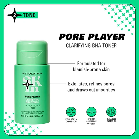 Image 1 - A green bottle of Pore Player clarifying BHA toner is shown with text indicating it is formulated for blemish-prone skin and contains 2% salicylic acid and aloe, including benefits like exfoliating, refining pores, and drawing out impurities.
Image 2 - A bright green background features five skincare products from Revolution SKIN, including a gel cleanser, toner, serum, and cream, with bold text stating CLEARLY CLARIFY EXPERT FORMULAS FOR BLEMISH-PRONE SKIN and 4 STEPS TO CLEARER SKIN.
Image 3 - Four quadrants display skincare products with vibrant backgrounds: the top left features orange containers labeled Be Bright with the text 4 Steps to Brighter Skin, the top right shows blue containers labeled Happy Hydrate with 4 Steps to Ultimate Hydration, the bottom left has green containers labeled Clearly Clarify with 4 Steps to Clearer Skin, and the bottom right features pink containers labeled Go Gentle with 4 Steps to Barrier Support.