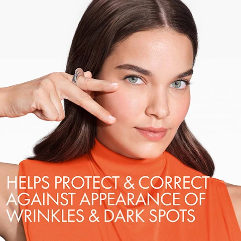 Image 1 - A young woman with long brown hair is wearing an orange top and is making a peace sign near her face, with the text HELPS PROTECT & CORRECT AGAINST APPEARANCE OF WRINKLES & DARK SPOTS visible in the image.
Image 2 - A woman with long brown hair and blue eyes is gently touching her cheek while wearing an orange sleeveless top; the image includes the text ULTRA-THIN. BREATHABLE. INVISIBLE.
Image 3 - A split image shows two clear liquid textures; on the left, there is the text 2% NIACINAMIDE, and on the right, the text 4% PEPTIDES, with the phrase DAILY SPF TO PROTECT AGAINST UV DAMAGE & POLLUTION at the bottom.
Image 4 - Three close-up images of womens faces representing diverse skin types and tones, with the text DESIGNED FOR ALL SKIN TYPES AND TONES at the top.
Image 5 - Image shows two Vichy Laboratories sunscreen bottles side by side, one labeled 80 ML and the other 40 ML, with text stating X2 BIGGER TO APPLY GENEROUSLY ON MOST UV EXPOSED ZONES, ALL YEAR LONG.
Image 6 - A hand is applying a pump of skincare product onto the skin of a wrist, with text instructions stating to apply every day as the last step of your skincare routine, take 5 to 6 pumps and apply it on the face with lifting gestures, and even around the eyes and on the neck.