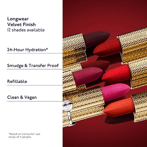 Image 1 - A collection of lipsticks with gold packaging displayed on a red background, featuring text that reads Longwear Velvet Finish, 12 shades available, 24-Hour Hydration*, Smudge & Transfer Proof, Refillable, Clean & Vegan.
Image 2 - A close-up of a red lipstick with a textured gold casing is surrounded by shimmering red gemstones and droplet illustrations, featuring text that reads Ruby Radiance Complex, Smooth luminous finish, 50 Peptides Complex, Boosts Collagen production & reduces fine lines, Raspberry Leaf Extract, Long-lasting hydration, and Goji Berry Extract, Enhances natural volume & softness