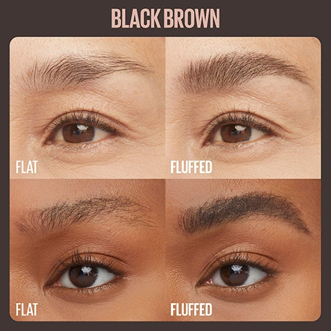 Image 2 - Image shows four close-up views of eyes in two rows, comparing two eyebrow styles labeled FLAT and FLUFFED for a color called BLACK BROWN.
Image 3 - A close-up of a woman with long dark hair and natural makeup, alongside text that reads soft, full brows, airy, volumising mousse, and all day wear.
Image 4 - An arrangement of six cylindrical bottles labeled SUPER FLUFF in various shades from left to right: Blonde, Soft Brown, Medium Brown, Deep Brown, Black Brown, and Black, with corresponding color swatches above each bottle.
Image 5 - The image shows four close-up views of eyes with different eyebrow styles; the labels read Sparse, Thin, Flat, and Fluffed.
Image 6 - Image shows two steps for brow grooming: the first step features a mascara-style brush and a horizontal stroke of brow product with text reading STEP 1: PREP Remove excess formula from brush, and the second step shows a close-up of an eye with a brush styling the brow, accompanied by text reading STEP 2: FLUFF Brush brows upwards & outwards.
Image 7 - A close-up image of textured brown fabric with the text Airy Volumising Mousse, diffuses into hair for soft, full brows, flake-resistant and stiff-resistant.