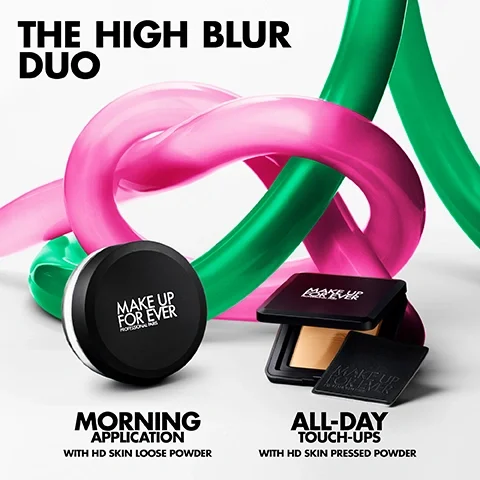 Image 1 - An image featuring a circular black container labeled MAKE UP FOR EVER, with two rectangular black compact cases, colorful twisted tubes in pink and green, and the text THE HIGH BLUR DUO, MORNING APPLICATION with HD SKIN LOOSE POWDER, and ALL-DAY TOUCH-UPS with HD SKIN PRESSED POWDER.