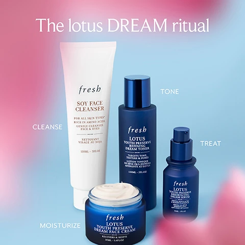 Image 1 - Four skincare products are displayed: a tube labeled fresh SOY FACE CLEANSER, a blue bottle labeled fresh LOTUS YOUTH PRESERVE REFINING DREAM TONER, a small blue bottle labeled fresh LOTUS YOUTH PRESERVE DREAM SERUM, and a jar labeled fresh LOTUS YOUTH PRESERVE DREAM FACE CREAM, with the text The lotus DREAM ritual and keywords Cleanse, Tone, Treat, Moisturize in a colorful background.
Image 2 - Image depicts two skincare products side by side on a soft gradient background, with the left product being a blue bottle labeled Lotus Youth Preserve Refining Dream Toner and the right product being a blue jar labeled Lotus Youth Preserve Dream Face Cream, with additional text stating Your DREAM duo, Visibly fades dark spots & tightens pores, Targets tone, texture & pores, and Recovers & reduces signs of fatigue.
Image 3 - An illustrated image featuring a pink lotus flower on the right, blue algae on the left, and text that reads Rainbow algae extract Visibly fades dark spots, Super Lotus Smoothes lines & helps to boost radiance, and Succinic acid Visibly decongests and tightens pores.
Image 4 - An image featuring water droplets on a light blue background, with text that reads Visibly fade dark spots, boost radiance followed by 3x VISIBLY FADED DARK SPOTS* 2x VISIBLY TIGHTER PORES* 7x SMOOTHER TEXTURE** and additional fine print regarding clinical assessment.