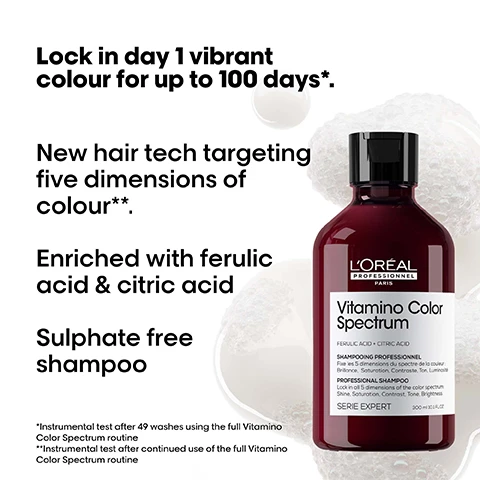 Image 1 - Image of a bottle of LOréal Professional Vitamin Color Spectrum shampoo, featuring text that reads: Lock in day 1 vibrant colour for up to 100 days*, New hair tech targeting five dimensions of colour**, Enriched with ferulic acid & citric acid, Sulphate free shampoo, with a white background and circular design elements.
Image 2 - A creamy hair mask jar with a white swirl of product, featuring text that states Creamy Mask that locks in day 1 vibrant colour for up to 100 days*, Up to 72 hours glass shine**, Up to +44% smoother hair***, Vitamin Color Spectrum, FERULIC ACID + CITRIC ACID, PROFESSIONAL MASK, 250 ml, Serie Expert, and additional footnotes about instrumental tests.
Image 3 - A woman with long, flowing hair in shades of burgundy is shown against a black background, with text highlighting five color dimensions: 01 Shine: High Glass shine, 02 Rich, vibrant colours, 03 Contrast: Optimal perception between multiple shades, 04 Tone: Helps neutralise unwanted reflects, 05 Brightness: Level of brightness and darkness are well preserved, and an asterisk indicating additional information about instrumental tests.
Image 4 - A colorful, abstract blob with swirling hues of orange, pink, and purple on a black background, featuring the text The Tech Ferulic Acid + Citric Acid Locks dyes inside the fiber*. *With full Vitamino Color Spectrum system.
Image 5 - Image showing two sets of hair transformations with Before and After labels: the first pair features straight, long, vibrant purple hair before and shiny after; the second pair shows curly blonde hair before and smoother, wavy hair after, along with hair care products displayed at the bottom, including the text Vitamin Color Spectrum for all colored hair.
Image 6 - Image shows three hair care products from LOréal Professionnel Paris, labeled as Vitamino Color Spectrum, with a description of the anti-fading professional routine and steps one to three: 01 Cleanse, 02 Moisturize, 03 Shine.
Image 7 - A smiling person wearing a black outfit is standing with their hand on their hip, accompanied by the text that reads Pro favorites, Lightweight, creates volume and works for any hair types, @dedy_mada, Dedy Mada.