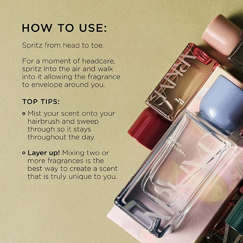 Image 4 - An image shows multiple perfume bottles on a light background, accompanied by text instructions reading: HOW TO USE: Spritz from head to toe. For a moment of headcare, spritz into the air and walk into it allowing the fragrance to envelope around you. TOP TIPS: Mist your scent onto your hairbrush and sweep through so it stays throughout the day. Layer up! Mixing two or more fragrances is the best way to create a scent that is truly unique to you. Two visible perfume bottles are labeled ZARA NO ONE ELSIE and ZARA A KIND OF FLORAL. Image 6 - The image displays a four-panel grid with the title THIS SET INCLUDES, showcasing four perfume bottles and their scent notes. The top left panel features a red-capped bottle for NO ONE ELSIE with Head Notes: RHUBARB, TOMATO LEAF; Heart Notes: HONEYSUCKLE, REDCURRANT; Ground Notes: VETIVER, INCENSE. The top right panel features a dark green-capped bottle for DECORATED WOODS with Head Notes: GINGER, BERGAMOT; Heart Notes: SANDALWOOD, PALO SANTO, SAFFRON, JASMINE; Ground Notes: VETIVER, INCENSE. The bottom left panel features a light blue-capped bottle for A KIND OF FLORAL with Head Notes: PINK PEPPER, WHITE PEACH, LEMON WINTER; Heart Notes: JASMINE, ORANGE-FLOWER, ORRIS, TUBEROSE; Ground Notes: VETIVER, INCENSE. The bottom right panel features a light pink-capped bottle for FUTURE BLOOM with Head Notes: MANDARIN, CURRANT BUDS, RHUBARB; Heart Notes: IRIS, JASMINE, LILY OF THE VALLEY; Ground Notes: TEA ROSE, VANILLA.