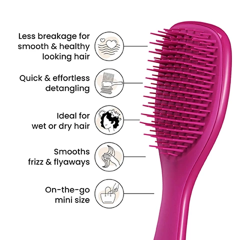 Image 1 - A bright pink hairbrush is shown next to icons that highlight its features: less breakage for smooth and healthy looking hair, quick and effortless detangling, ideal for wet or dry hair, smooths frizz and flyaways, and on-the-go mini size.
Image 2 - Two pink hairbrushes with regular-flex teeth are positioned next to each other, with text above them reading Regular-flex teeth for straight to curly hair.
Image 3 - A woman with long blonde hair is shown from behind, with one side appearing frizzy and uneven labeled BEFORE and the other side looking smooth and straight labeled AFTER, accompanied by the text 75% experienced no tugging, pulling or pain when brushing* and 80% agree that they have fewer knots and tangles*.
Image 4 - Image showing three types of hairbrushes labeled Mini, Regular, and Large, with corresponding size dimensions and icons indicating suitable hair types; text includes For on-the-go detangling on the Mini brush.