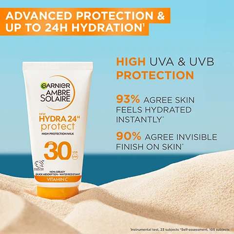 Image 1 - A sunscreen tube labeled Garnier Ambre Solaire Hydra 24 Protect with an SPF of 30 is shown against an orange and blue background, featuring text that states Advanced Protection & Up to 24H Hydration, High UVA & UVB Protection, 93% Agree Skin Feels Hydrated Instantly, and 90% Agree Invisible Finish on Skin.
Image 2 - An image of a creamy white texture with a circular capsule containing orange liquid, surrounded by labels indicating key ingredients: Glycerin, Vitamin C, and Shea Butter, with the text KEY INGREDIENTS NOW INFUSED WITH VITAMIN C.
Image 3 - A creamy, light-colored product texture is shown with text stating LIGHTWEIGHT, SUMMER-PROOF TEXTURE, ABSORBS QUICKLY, NON-GREASY & NON-STICKY, INVISIBLE FINISH, NO WHITE CAST, and SWEAT, SAND & VERY WATER-RESISTANT.
Image 4 - A person holds a tube of Garnier Ambre Solaire Hydra 24 Protect sunscreen with SPF 30 against a bright orange background, and text on the image outlines the steps to use the product: STEP 1. APPLY PRODUCT ONTO SKIN BEFORE SUN EXPOSURE, STEP 2. RE-APPLY FREQUENTLY AND GENEROUSLY TO MAINTAIN PROTECTION.
Image 5 - A sunscreen bottle labeled Hydra 24h protect with SPF 30 surrounded by flowers, a lime, and a coconut half, with text stating MEET SUN BLOSSOM ELIXIR A FRESH, SUMMERY FRAGRANCE and listing fragrance notes.
Image 6 - A woman with long hair smiles and touches her shoulder while standing by the beach, with a clear blue sky in the background, and the text FORMULATED FOR ALL SKIN TYPES displayed in orange.
Image 7 - An array of sunscreen products is displayed on an orange surface next to a blue swimming pool, with visible text that reads Discover Hydra Protect Range Hydrate & Help Protect Against Sun-Induced Ageing.