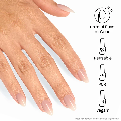 Image 1 - A close-up of a hand with well-manicured nails featuring a nude and pale pink ombre design, with icons and text indicating features such as up to 14 days of wear, reusable, PCR, and vegan, along with a note that it does not contain animal-derived ingredients.
Image 2 - An illustrated guide titled GET PRESSED UP showing four steps for applying press-on nails: 1) FIT - Find your perfect size, 2) SHAPE - Option to do hue with custom tips, 3) PREP - Buff, file and wipe, 4) xPRESS - Glue, press, and hold to dry.