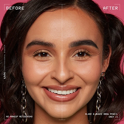 Image 1 - A woman is shown with a symmetrical split image: the left side has no makeup while the right side features enhanced makeup, emphasizing her brows and lips, with visible text stating BEFORE on the left and AFTER on the right, along with BLADE & SHADE BROW PENCIL GREY 11 at the bottom.
Image 2 - Image shows twelve close-up views of eyebrows in various shades, labeled from 01 to 12, with the text DEFINED BROWS IN 12 BLADING SHADES at the top, and the shades listed as Ash Blonde, Blonde, Cool Ash Brown, Taupe, Auburn, Rich Auburn, Ash Brown, Chocolate, Brunette, Espresso, Grey, and Black.
Image 3 - Image shows a dual-edged cosmetic tool with one sharpened edge labeled Blade it! USE SHARP EDGE FOR HAIRLIKE STROKES and a flat edge labeled Shade it! USE FLAT EDGE FOR NATURAL SHADED FILL against a vibrant green background, featuring large text at the bottom reading DUAL-EDGED TIP FOR NANO-BLADED BROWS.
Image 4 - A young woman with wavy brown hair and a septum piercing smiles while holding a green makeup pencil against a bright pink background, showcasing text that reads smooth-glide pigments, fade-resistant, and transfer-resistant.
Image 5 - Image shows four sequential steps of eyebrow shaping: top left is 01 BEFORE with natural brows, top right is 02 BLADE with a brow pencil applied, bottom left is 03 SHADE showing additional shading, and bottom right is 04 AFTER displaying the final polished brow, with text BLADE & SHADE BROW PENCIL COOL ASH BROWN 03 visible.
Image 6 - A close-up of an eye showing the comparison between an unretouched makeup-free look and a finished look with defined brows, featuring visible text that states BEFORE and AFTER along with product details for BLADE & SHADE BROW PENCIL GREY 11.
Image 7 - Image shows three arms displaying various swatches of brow pencil shades on a pink background, with the corresponding numbers and names of each shade listed alongside; visible text includes several shade names and numbers from 01 to 12 for different brow pencil colors.
Image 8 - A woman with long dark hair and bold earrings smiles in front of a pink background, showcasing her natural makeup look, with visible text reading NO MAKEUP RETOUCHING and the product details for BLADE & SHADE BROW PENCIL GREY 11.
Image 9 - A grid of twelve headshots of diverse individuals with various hair colors and styles, labeled with the hair color names: Ash Blonde, Blonde, Cool Ash Brown, Taupe, Auburn, Rich Auburn, Ash Brown, Chocolate, Brunette, Espresso, Grey, and Black.