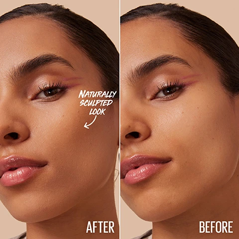Image 1 - Image shows a side-by-side comparison of a womans face, with the left side labeled AFTER showing a makeup look featuring a pink eye liner and highlighting, and the right side labeled BEFORE showing her natural look; there is handwritten text pointing to the left side that says NATURALLY SCULPTED LOOK.
Image 2 - Image of several cosmetic sticks with the focus on a central stick labeled LIFTER STIX along with the text MULTI-USE, SMOOTH, CREAMY GLIDE, and BLENDS EASILY.
Image 3 - Four close-up images of a models face demonstrating makeup application techniques labeled as Cover, Contour, Highlight, and Brightens Undereyes, with the text USE 4 WAYS prominently displayed in the center.
Image 4 - A close-up of a woman’s face showcasing makeup application with different shades of foundation on her cheek, and the text MAKE IT A DUO in the top right corner.
Image 5 - Image shows a light pink background with various translucent bubbles of different sizes, and the text reads FORMULA WITH CRANBERRY SEED OIL FOR A SMOOTH, CREAMY GLIDE AND NON-DRYING FEEL.
Image 6 - A person with short blonde hair is applying a bronzer stick to their face, which has dotted lines indicating where to contour, with the text SWIPE TO SCULPT visible at the bottom.