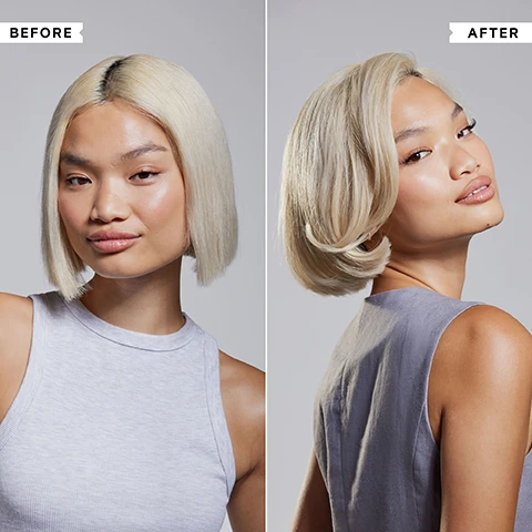 Image 1 - Image shows a side-by-side comparison of a models hairstyle before and after a styling treatment; the left side features the model with straight, chin-length blonde hair, while the right side shows the model with styled, voluminous blonde hair, and the text BEFORE and AFTER is displayed at the top of each side.
Image 2 - A person holding a tube of Philip Kingsley Frizz-Fighting Gloss, with key benefits listed including heat protection up to 190°C, adds mirror-like shine for vibrancy, and eliminates frizz for smooth, silky locks.
Image 3 - A hand holding a spray can of Philip Kingsley styling product, with visible text listing key benefits: Lightweight, ultra-fine formula; Soothes and cleans the scalp on the go; Volumises the hair with no residue; Absorbs excess oil, sweat and odour.
Image 4 - A hand holding a can of Philip Kingsley Styling Finishing Touch hairspray is shown, with a list of key benefits on the right: Protects all styles, Weightless, flexible, natural hold, Brushes out easily, Long-lasting hold without dryness or crispiness.