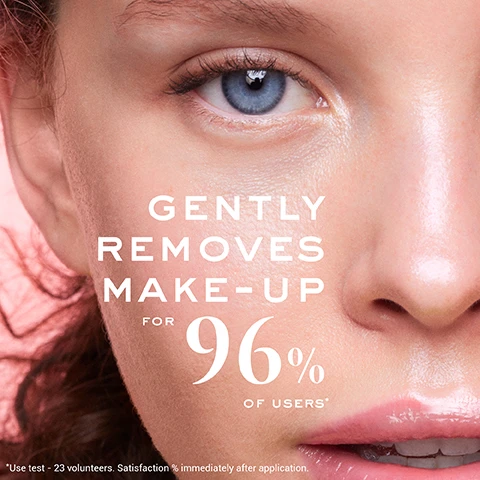 Image 2 - A close-up of a persons face showing a blue eye, nose, and glossy lips with clear, hydrated skin, accompanied by the text GENTLY REMOVES MAKE-UP FOR 96% OF USERS* *Use test - 23 volunteers. Satisfaction % immediately after application. Image 4 - A grid displays four NUXE Very Rose skincare products in pink bottles, including Micellar Water for Express Makeup Remover, Cleansing Oil that Removes Waterproof Makeup, Creamy Cleansing Milk that Gently Removes Makeup, and Light Cleansing Foam that Gently Cleanses & Purifies in a Rinse Off Formula. Image 5 - A close-up of a pink rose with water droplets on its petals, with the text WITH ROSE NOTES.