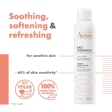 Image 1 - A spray bottle of Avene Eau Thermale thermal spring water labeled Soothing, softening & refreshing with additional text indicating it is for sensitive skin, includes details about skin sensitivity, vegan information, and natural ingredients.
Image 2 - A can of Avene Eau Thermale thermal spring water with icons highlighting benefits including all day hydration, make-up friendly, after sun use, cooling spray, relief from itching sensations, and use after hair removal, accompanied by the text Eau Thermale and 300 ml.
Image 3 - A can of Avene Eau Thermale thermal spring water is shown, with icons indicating it is suitable for babies, safe for sensitive skin, and recommended for post-procedure use, along with the text 300 ml and a green impact index label.
Image 4 - An image showing a circular pattern of water droplets with the text LIGHT WATER MIST above it and Refreshing and soothing effect indicated with an arrow pointing towards the center.