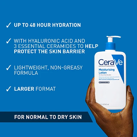 Image 1 - A hand holds a bottle of CeraVe Moisturising Lotion with a blue background, showcasing text that states UP TO 48 HOUR HYDRATION, WITH HYALURONIC ACID AND 3 ESSENTIAL CERAMIDES TO HELP PROTECT THE SKIN BARRIER, LIGHTWEIGHT, NON-GREASY FORMULA, LARGER FORMAT, and FOR NORMAL TO DRY SKIN.
Image 2 - A circular badge with a blue glowing cross in the center, surrounded by the text Recommended by Dermatologists.
Image 3 - Two hands are holding a jar of CeraVe Moisturizing Cream labeled as rich cream and a bottle of CeraVe Moisturising Lotion labeled as lightweight lotion, with text stating SAME BENEFITS, DIFFERENT TEXTURE.