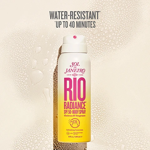 Image 1 - An aerosol bottle of Sol de Janeiro RIO Radiance SPF 50 Body Spray with a pink and yellow gradient design, set against a light background with water droplets, labeled with the text WATER-RESISTANT* *UP TO 40 MINUTES.
Image 2 - Five women lie on yellow lounge chairs on a beach, wearing colorful bikinis, and the image includes the text BROAD SPECTRUM SPF 50 WITH UVA/UVB PROTECTION.
Image 3 - A smiling woman in a pink bikini and sunglasses holds a skincare product while sitting on a beach chair; visible text reads 96% SAID SKIN LOOKS IMMEDIATELY HYDRATED* *IN A CONSUMER STUDY OF 104 PARTICIPANTS CONDUCTED BY AN INDEPENDENT 3RD PARTY LAB.
Image 4 - A close-up of a persons waist and lower abdomen wearing a bright pink bikini, holding a bottle of sun spray with the visible text 97% SAID THERE WAS NO WHITE CAST* and *IN A CONSUMER STUDY OF 104 PARTICIPANTS CONDUCTED BY AN INDEPENDENT 3RD PARTY LAB.
Image 5 - An image featuring three skincare ingredients connected by arrows, with a red pitanga fruit at the top labeled PITANGA EXTRACT ANTIOXIDANT-RICH WITH VITAMIN C, a drop of liquid in the center labeled NIACINAMIDE VISIBLY EVENS SKIN TONE, and a white flower-like object at the bottom labeled PONGAMIA SEED EXTRACT HELPS PROTECT FROM ENVIRONMENTAL AGGRESSORS.
Image 6 - A smiling woman with long hair stands on a beach holding multiple bottles of hair and body products, with visible text that reads BEACHY CHEIROSA 87 SCENT NOTES OF SOLAR TUBEROSE, LEITE DE COCO, AND WARM SAND.
Image 7 - A smiling woman in a bright pink crop top applies sunscreen from a yellow bottle while lounging on a yellow deck chair at the beach, with text on the image stating formulated without oxybenzone, octinoxate, mineral oil, parabens, and phthalates, and PETA-certified animal test-free and vegan.