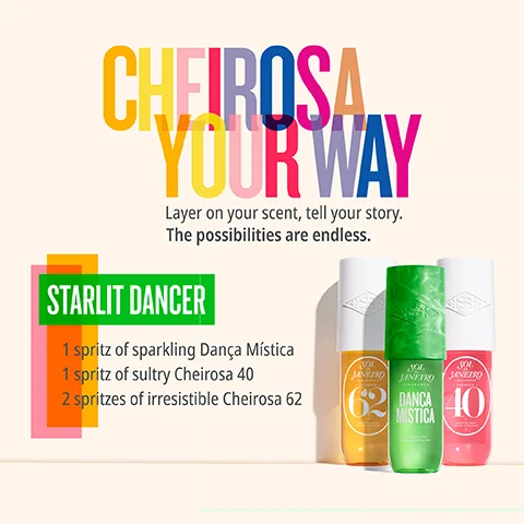 Image 1 - Image shows three colorful fragrance bottles arranged on a light background with layered text above reading CHEI ROSA YOUR WAY and a description below stating STARLIT DANCER 1 spritz of sparkling Dança Mística 1 spritz of sultry Cheirosa 40 2 spritzes of irresistible Cheirosa 62.