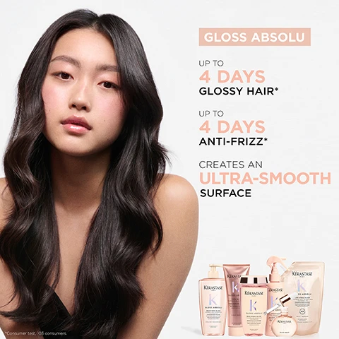 Image 1 - A young woman with long, glossy hair and a natural makeup look is featured alongside hair care products from the Kérastase Gloss Absolu line, which claims to provide up to 4 days of glossy hair, up to 4 days of anti-frizz, and create an ultra-smooth surface.
Image 2 - Four side-by-side images showing hair transformations labeled Before and After, with visibly improved hair texture and shine in the after images; the bottom right corner features Kerastase hair care products alongside two flowers.
Image 3 - Image of a Kérastase product bottle labeled Glaze Drops with a dropper, surrounded by a soft floral background, featuring visible text: SILKY GLAZE WITH LIGHTWEIGHT FORMULA, EASY APPLICATION WITH PRECISE DROPPER, SENSORIAL FRAGRANCE WITH CITRUS & FLORAL NOTES.
Image 4 - A diagram featuring three product textures: a pink and clear bubble labeled Bain Hydra-Glaze High Foam Hydra-Illuminating Shampoo, a white bubble labeled Insta Glaze Silky Cream Gloss Enhancing Conditioner, and a light brown bubble labeled Glaze Drops Lightweight Oil High-Gloss Lightweight Oil, with the title Textures and Gloss Absolu at the bottom.