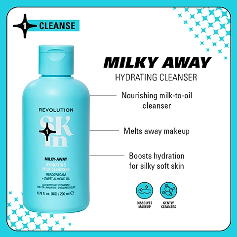 Image 1 - A turquoise bottle of Milky Away Hydrating Cleanser by Revolution Skin is displayed, featuring key benefits: nourishing milk-to-oil cleanser, melts away makeup, boosts hydration for silky soft skin, and icons indicating it dissolves makeup and gently cleanses.
Image 2 - A turquoise bottle labeled Bouncy Drops Hydrating Jelly Toner Essence is shown; the text on the bottle describes its refreshing jelly-like texture and benefits including quenching, plumping, and toning skin, with icons indicating it plumps and softens, is clinically proven for 12-hour hydration, and instantly hydrates.
Image 3 - Image of a bottle of Dewy Drench Hydrating Serum from Revolution, featuring a light blue top and text highlighting its attributes: lightweight and hydrating, skin appears plumper and dewy-looking, contains 2% hyaluronic acid, and icons indicating it instantly hydrates, locks in moisture, and is plumping.
Image 4 - A jar of Hydra Heist Hydrating Moisturiser from Revolution, featuring a light blue cap and white body, with descriptions stating skin-quenching and ultra-hydrating, lightweight cooling moisturiser, and delivers instant hydration, along with clinical claims for instant hydration and plumping.
Image 5 - Image shows a brightly colored arrangement of skincare products against a vibrant green background, featuring four blue containers labeled Dewy Drench, Bouncy Drops, Milky-Away, and Ultra Pump, with text that reads HAPPY HYDRATE SKIN QUENCHING FORMULAS TO HYDRATE at the top and 4 STEPS TO ULTIMATE HYDRATION at the bottom, accompanied by icons indicating AM and PM use.
Image 6 - Four groups of skincare products are displayed on a bright yellow background: the top left features orange containers labeled Be Bright with the text Glow boosting formulas for brighter skin and 4 steps to brighter skin; the top right presents blue containers labeled Happy Hydrate with Skin quenching formulas to hydrate and 4 steps to ultimate hydration; the bottom left shows green containers labeled Clearly Clarify with Expert formulas for blemish-prone skin and 4 steps to clearer skin; the bottom right contains pink containers labeled Go Gentle with Soothing formulas for barrier support and 4 steps to barrier support.