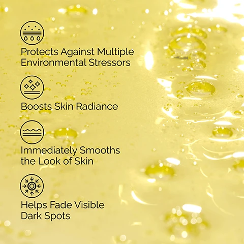 Image 1 - A close-up image of a yellow liquid with water droplets, featuring text that describes benefits as follows: Protects Against Multiple Environmental Stressors, Boosts Skin Radiance, Immediately Smooths the Look of Skin, Helps Fade Visible Dark Spots.
Image 2 - Image compares a persons skin before and after using a skin care product for four weeks, with the text Protects skin to help promote long-term radiance at the top, Before above the first image, and After 4 weeks¹ above the second image, along with a footnote about the products testing.
Image 3 - A close-up of a young woman applying a skincare product to her cheek, with text overlay stating Smoothing, Protects Skin, and Boosts Skin Radiance.
Image 4 - An overhead view of a yellow liquid in a round dish, with text listing key ingredients in Multi-Antioxidant Radiance Serum categorized under Atmospheric Aging Prevention, Antioxidant Support, and Pollution Protection.
Image 5 - An infographic displaying a skincare regimen for brighter, radiant-looking skin with four product steps labeled as PREP, TREAT, and SEAL, featuring Glucoside Foaming Cleanser, Glycolic Acid 7% Exfoliating Toner, Multi-Antioxidant Radiance Serum, and Natural Moisturizing Factors + HA, with descriptions of their functions.