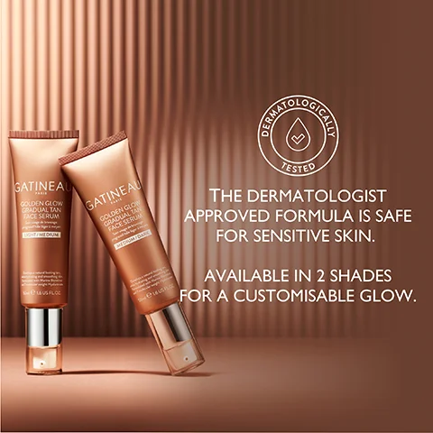 Image 1 - Two tubes of Gatineau skincare products, golden glow gradual tan face serum, displayed against a textured brown background, with text stating the dermatologist approved formula is safe for sensitive skin and available in 2 shades for a customisable glow.