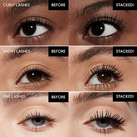 Image 1 - Image showing three rows of eyes with different lash types: curly lashes, short lashes, and fine lashes, each depicting a before and stacked version, with the text BEFORE and STACKED! displayed above each image.
Image 2 - An image of a dual-sided contour lift brush with a close-up of the brush bristles on one side and a streak of black mascara, accompanied by the text DUAL-SIDED CONTOUR LIFT BRUSH.