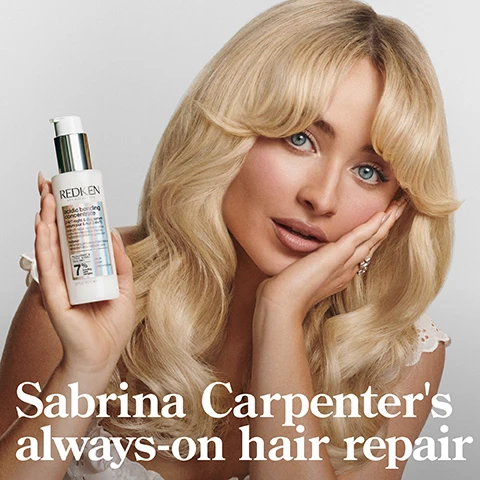 Image 2 - A woman with long, wavy blonde hair holds a bottle of hair repair product labeled Redken acidic bonding concentrate, with text that reads Sabrina Carpenters always-on hair repair.
Image 3 - Image of a bottle of Redkens 24/7 Bond Repair Overnight Treatment with a light blue background on one side and black on the other, showing visible text that reads 24/7 BOND REPAIR OVERNIGHT TREATMENT, UP TO 89% LESS BREAKAGE, acidic bonding concentrate, and UP TO 3X SOFTER.
Image 4 - Image shows a side-by-side comparison of a woman with curly hair, labeled BEFORE on the left and AFTER on the right, with visible text at the bottom stating *AFTER ACIDIC BONDING CONCENTRATE SHAMPOO, CONDITIONER, AND 24/7 SERUM.
Image 5 - Image shows two side-by-side photos of a persons back view with short blonde hair, the left labeled BEFORE and the right labeled AFTER, with visible text at the bottom stating *AFTER ACIDIC BONDING CONCENTRATE SHAMPOO, CONDITIONER, AND 24/7 SERUM*.
Image 6 - A smooth, abstract background with a white sphere and black text stating Formulated with citric acid, polyglutamic acid & squalane that magnetizes the hair to prevent breakage.
Image 7 - An abstract background features a graphic representation on the right, with bold text stating Citric Acid penetrates 7 layers deep & strengthens hair, alongside smaller text noting continued use of system of ABC shampoo, conditioner, and serum vs. untreated hair.
Image 8 - A person with curly hair wearing a black shirt holds a bottle of Redken product in one hand and dispenses a cream into their other hand while accompanying text states to start with 2 pumps, add more as needed, reapply night and day as desired.
Image 9 - A close-up image of a person with curly hair, showcasing two styles or textures on either side, with visible text stating APPLY TO MID-LENGTHS & ENDS ON DAMP OR DRY HAIR.
Image 10 - Image shows three Redken hair care products: a shampoo and conditioner bottle on the left and center, and an overnight leave-in serum bottle on the right, all labeled as part of a strength repair routine, with visible text reading STRENGTH REPAIR ROUTINE, SHAMPOO, CONDITION, and OVERNIGHT LEAVE-IN.