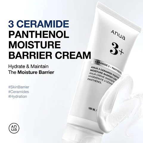 Image 1 - A tube of Anua 3+ Ceramide Panthenol Moisture Barrier Cream with a swirl of cream beside it, featuring the text 3 CERAMIDE PANTHENOL MOISTURE BARRIER CREAM Hydrate & Maintain The Moisture Barrier #SkinBarrier #Ceramides #Hydration 100 ML.
Image 2 - Image of three tubes of Anua 3+ non-comedogenic moisturizer with visible text highlighting key ingredients and benefits, including ceramide capsules, centella extract, and hydrating components.
Image 3 - Image of a creamy emulsion flowing from a container, with text detailing three types of ceramide capsules for enhancing the skin moisture barrier and a description of their properties, which includes Ceramide NP, Ceramide EOP, and Ceramide AP.
Image 4 - A graph showing a significant reduction in moisture loss for healthier skin, indicating moisture loss decreased by 46.53% from 11.82 g/m2h before use to 6.32 g/m2h after two weeks, with text at the bottom noting individual results may vary and referencing a clinical study.
Image 5 - A close-up of a hand with lotion being dispensed onto the skin, with text that reads When To Apply and additional instructions on application and usage frequency.
Image 6 - An ingredient list featuring various components such as Aqua, Panthenol, Butylene Glycol, and others, with the title Ingredient List at the top.