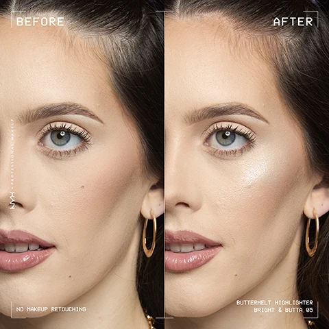 Image 1 - A split image displays a womans face, with the left side labeled BEFORE showing natural skin and lips, and the right side labeled AFTER showing a glowing highlighter on her cheekbone and glossier lips, accompanied by the text NYX PROFESSIONAL MAKEUP, NO MAKEUP RETOUCHING, BUTTERMELT HIGHLIGHTER, and BRIGHT & BUTTA 05. Image 2 - A woman with glowing skin and glossy lips holds a clear NYX Professional Makeup Buttermelt Highlighter compact against a turquoise background, with the prominent text BUTTA SOFT GLIDE BUTTA BOOM GLOW MELTS INTO SKIN FOR UP TO 12H WEAR above her and a purple banner at the bottom right stating VEGAN FORMULAS, cruelty free, NO MAKEUP RETOUCHING. Image 3 - Three arms with varying skin tones display nine shimmery highlighter swatches each against a turquoise background, with visible text reading NYX PROFESSIONAL MAKEUP, 05. BRIGHT & BUTTA, 10. GLAZE IT BUTTA, 15. U BUTTA WERK, 20. BUTTA MINT, 25. BUTTA THAN GOLD, BUTTA BLING .30, BUTTA IN BRONZE .35, NO 1 BUTTA .40, BUTTA IN BLACK .45, WITH heart symbol FROM LOS ANGELES, and BUTTERMELT HIGHLIGHTER. Image 4 - An open makeup compact containing a shimmering, star-patterned highlighter is displayed on a glittery striped background alongside three circular images showing white and yellowish butter samples, with text reading BUTTER RICH FORMULA, SHEA BUTTER, MANGO BUTTER, and ALMOND BUTTER. Image 5 - The image displays a 3x3 grid of nine open rectangular compacts of NYX Buttermelt Highlighters in a variety of shimmery shades including champagne, peach, pink, mint, gold, copper, bronze, and two glittery purples, prominently featuring the text 9 HIGH IMPACT HIGHLIGHTER SHADES FOR ALL SKIN TONES, while each compact also shows NYX PROFESSIONAL MAKEUP buttermelt highlighter Net Wt. 0.17 oz / 5 g, and the two purple shades are additionally marked GLITTER TOPPER. Image 6 - A smiling woman with curly hair and a nose ring is shown in a four-panel grid on a teal background, demonstrating various makeup products: In the top left, she has dewy skin and holds a NYX Buttermelt Glaze Tint tube, with visible text 01 TINT, BUTTERMELT GLAZE TINT; In the top right, she has bronzed cheeks and holds a NYX Buttermelt Bronzer compact, with visible text 02 BRONZE, BUTTERMELT BRONZER; In the bottom left, she has pink blush and holds a pink NYX Buttermelt Blush compact, with visible text 03 BLUSH, BUTTERMELT BLUSH; In the bottom right, she has highlighted cheeks and holds a clear NYX Buttermelt Highlighter compact, with visible text 04 HIGHLIGHT, BUTTERMELT HIGHLIGHTER. Image 7 - Four hands with varying skin tones hold individual NYX Professional Makeup Buttermelt products, including buttermelt bronzer, buttermelt highlighter, buttermelt blush, and buttermelt Glaze Soft Glow Skin Tint Protection SPF 30 / FPS 30, with text overlay reading BUTTA TOGETHER! GET ALL BUTTAD UP WITH THE BUTTERMELT FAMILY.