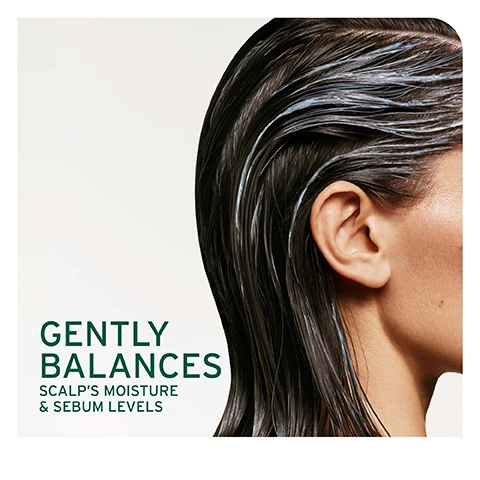 Image 1 - A close-up of a persons profile with wet hair, emphasizing the scalp; visible text reads GENTLY BALANCES SCALPS MOISTURE & SEBUM LEVELS.
Image 2 - A close-up image of green leaves with a water droplet resting on them, accompanied by text that reads FORMULATED WITH TEA BLEND To help reduce irritation and itchiness for a refreshing scalp reset.
Image 3 - Image features a green background with the title Is It For Me? Scalp Sync at the top, followed by three sections labeled Best For, Hair Type, and Key Benefits, with corresponding information: Dandruff control, Fine to thick, and Reduces appearance of visible flakes.
Image 4 - Three hair care products from Biolage Scalp Sync line are displayed on a gradient green background, labeled with numbers indicating the steps: 01 Pre-wash, 02 Cleanse, and 03 Condition, with product names and descriptions visible on the bottles.
Image 5 - A glass container with a rounded bottom shows liquid droplets descending from a spout, accompanied by text that reads FORMULATED WITH GLYCOLIC ACID To help clear away product buildup and dead cells to support a balanced scalp.