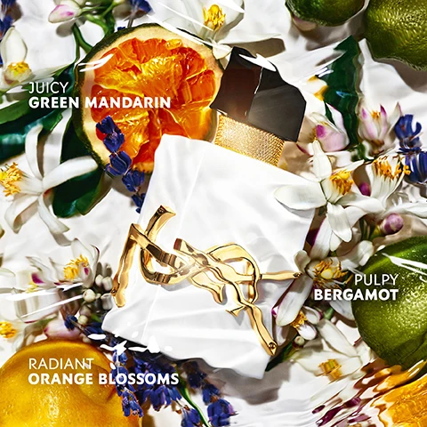 Image 1 - A white perfume bottle with a gold YSL logo is surrounded by white flowers, citrus fruits, and water ripples, with text overlays saying JUICY GREEN MANDARIN, PULPY BERGAMOT, and RADIANT ORANGE BLOSSOMS. Image 2 - Image shows six YSL Libre perfume bottles in a row with descriptive text, including the text LIBRE, Sun-Kissed, Classic, Radiant, Sultry, Spicy, Absolute.
