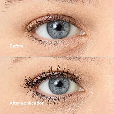 Image 6 - A split image displays a persons blue eye, with the top section showing natural eyelashes labeled Before and the bottom section showing volumized, darkened eyelashes labeled After application.