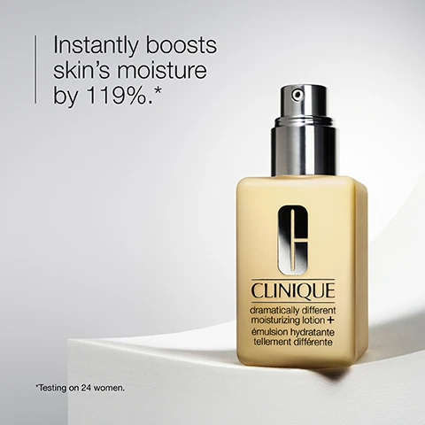 Image 4 - A square, translucent yellow bottle of Clinique lotion with a silver pump dispenser sits on a white surface against a light grey background, with text that reads Instantly boosts skins moisture by 119%.*, CLINIQUE dramatically different moisturizing lotion + émulsion hydratante tellement différente, and *Testing on 24 women. Image 5 - The image displays various ingredients in clear dishes on a white background, featuring white crystals labeled Glycerin, a white liquid with a spoon labeled Urea, sunflower seeds labeled Sunflower seed, a barley stalk in liquid labeled Barley, and cucumber slices labeled Cucumber. Image 6 - A light yellow cream with wavy textures features a water drop icon and the word hydrate, and a dumbbell icon with the word strengthen. Image 8 - A yellow background image displays a list with the heading Free of, followed by four items, each with an X mark: fragrance, drying alcohol, sodium lauryl sulfate, sodium laureth sulfate.