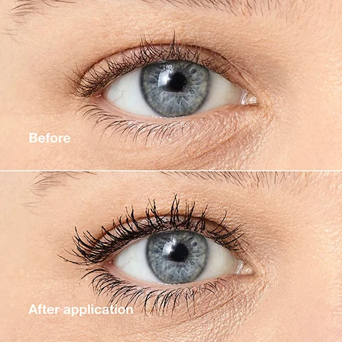 A split image shows a blue eye with natural lashes at the top labeled Before, and the same eye with long, dark, voluminous lashes at the bottom labeled After application.