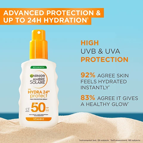 Image 1 - A white and orange Garnier Ambre Solaire Hydra 24H Protect SPF 50 sunscreen spray bottle is on a sandy beach, displaying text ADVANCED PROTECTION & UP TO 24H HYDRATION, HIGH UVB & UVA PROTECTION, 92% AGREE SKIN FEELS HYDRATED INSTANTLY, 83% AGREE IT GIVES A HEALTHY GLOW, and also RECYCLABLE BOTTLE, VITAMIN E, NON-GREASY, QUICK ABSORPTION, WATER RESISTANT. Image 2 - An orange Garnier Ambre Solaire Kids Protect Very High Protection Spray SPF 50+ sunscreen bottle, marked as RECYCLABLE BOTTLE, VEGAN, NON-GREASY - NON-STICKY, and water & sand resistant, is depicted on sand against a blue sky, alongside text that states HYDRA PROTECT FOR KIDS, HIGH UVB & UVA PROTECTION FOR KIDS, 100% AGREE APPLIES EASILY & SMOOTHLY, and 94% AGREE NON-STICKY & NON-GREASY FINISH, with a small note *Self-assessment, 54 subjects. Image 3 - A light blue background with a circular pattern of white and light blue dots on the left, next to text that reads LIGHTWEIGHT TEXTURE, ABSORBS QUICKLY, NON-GREASY & NON-STICKY, INVISIBLE FINISH, NO WHITE CAST, WATER, SWEAT & SAND-RESISTANT. Image 4 - A golden droplet with a citrus slice embedded in a swirl of white cream is labeled with connecting lines for KEY INGREDIENTS: VITAMIN E, GLYCERIN, and SHEA BUTTER. Image 5 - A hand holds a white and orange Garnier Ambre Solaire sunscreen bottle, with usage instructions listed beside it, showing the text: HOW TO USE, RECYCLABLE BOTTLE, GARNIER AMBRE SOLAIRE NEW HYDRA 24H protect HIGH PROTECTION SPRAY SPF 50 UVA UVB, NON-GREASY - QUICK ABSORPTION - WATER RESISTANT, VITAMIN E, STEP 1. SPRAY PRODUCT ONTO HANDS, STEP 2. APPLY ONTO SKIN BEFORE SUN EXPOSURE, STEP 3. RE-APPLY FREQUENTLY AND GENEROUSLY TO MAINTAIN PROTECTION*, *especially after perspiring, swimming or toweling. Image 6 - A hand holds an orange Garnier Ambre Solaire Kids Protect SPF 50+ sunscreen spray bottle featuring a blue cartoon character, and the image includes the following text: HOW TO USE, RECYCLABLE BOTTLE, GARNIER AMBRE SOLAIRE, KIDS PROTECT, VERY HIGH PROTECTION SPRAY, VEGAN, SPF 50+, UVA, UVB, NON-GREASY - NON-STICKY, water & sand resistant, STEP 1. SPRAY PRODUCT ONTO HANDS, STEP 2. APPLY ONTO SKIN BEFORE SUN EXPOSURE, STEP 3. RE-APPLY FREQUENTLY AND GENEROUSLY TO MAINTAIN PROTECTION, especially after perspiring, swimming or toweling. Image 7 - A young child wearing a straw hat and white shirt smiles on a sunny beach while holding a yellow sunscreen bottle, with a text overlay at the top stating FORMULATED FOR ALL SKIN TYPES* and text at the bottom stating *Tested under pediatric control.