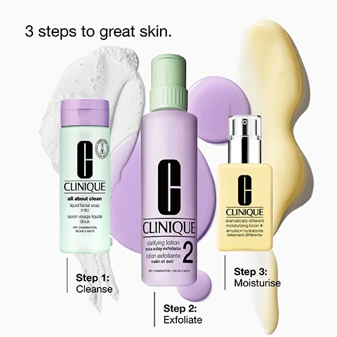 Image 1 - The image features three Clinique skincare products, a light green bottle of All About Clean Liquid Facial Soap, a purple bottle of Clarifying Lotion, and a yellow bottle of Dramatically Different Moisturizing Lotion, displayed with product swatches and the text 3 steps to great skin: Step 1 Cleanse, Step 2 Exfoliate, Step 3 Moisturise. Image 2 - A small Clinique bottle and clear liquid with sugar cubes on a white dish are shown, with the text All About Clean Liquid Facial Soap Mild and Sucrose. Image 3 - The image shows a Clinique Dramatically Different Moisturizing Lotion+™ bottle, a clear dish with the lotion being scooped, and a dish of white crystals labeled Pure glycerin Helps hydrate, alongside the text Pure urea Helps hydrate. Image 4 - A flat lay image displays a Clinique Clarifying Lotion 2 bottle, a clear dish holding white powder with a green spatula, and another dish with branches featuring small yellow flowers, with text labels reading Clarifying Lotion 2, Acetyl glucosamine helps balance and smooth skin, and Witch hazel helps refine skin.